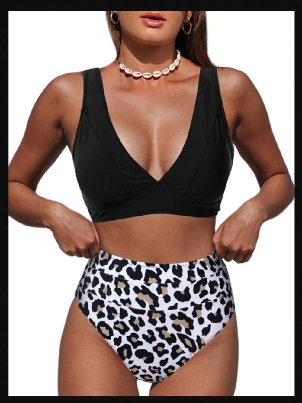 Hilinker Leopard Bikini Swimsuits V Neck High Waisted 2 Piece Bathing Suit